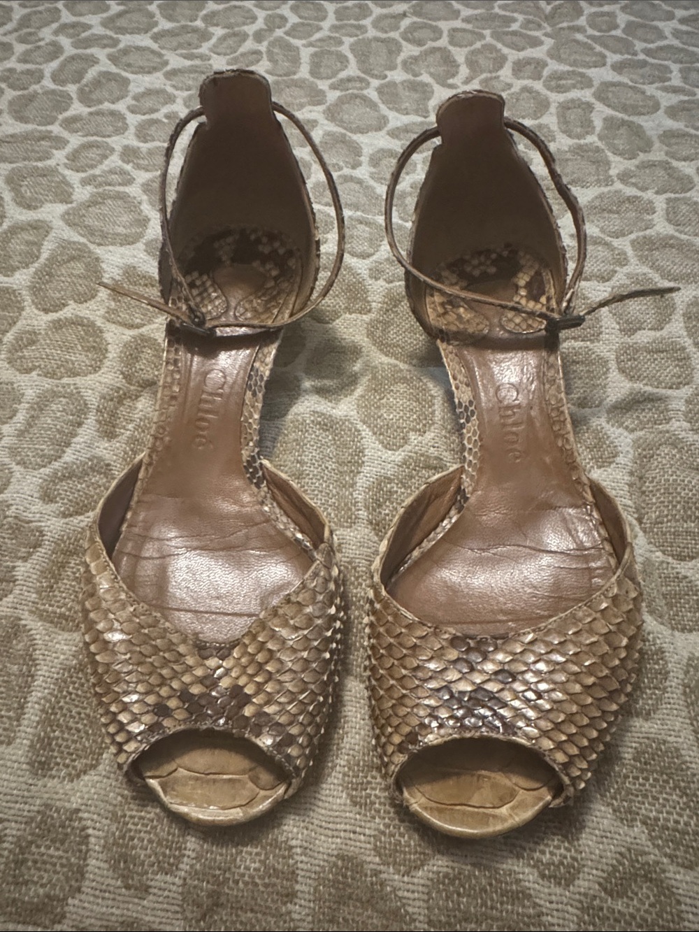 Women's Chloe Tan Snakeskin Peep-Toe Ankle-Strap Kitten heels 36 1/2